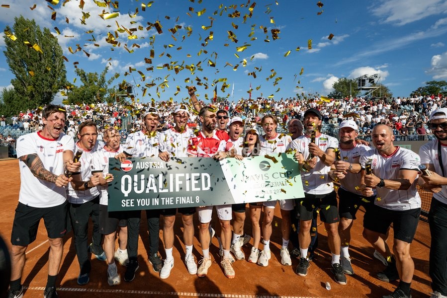 Team Austria celebrates after winning a tennis match between Austrian Rodionov and Belgian Bergs, the fourth rubber in the tie between Austria and Belgium, qualifiers for the Davis Cup tournament, on Saturday 19 September 2026 in Vienna, Austria
