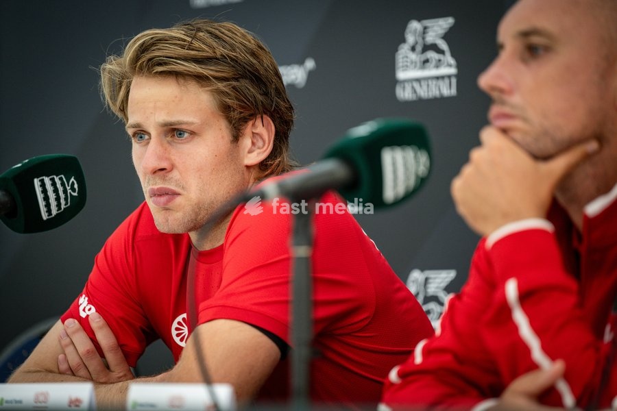 Belgian Zizou Bergs pictured during a press conference after a tennis match between Austrian Rodionov and Belgian Bergs, the fourth rubber in the tie between Austria and Belgium, qualifiers for the Davis Cup tournament, on Saturday 19 September 2026 in Vienna, Austria