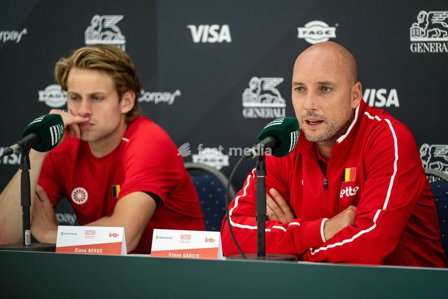 Belgian captain Steve Darcis and Belgian Zizou Bergs pictured during a press conference after a tennis match between Austrian Rodionov and Belgian Bergs, the fourth rubber in the tie between Austria and Belgium, qualifiers for the Davis Cup tournament, on Saturday 19 September 2026 in Vienna,…