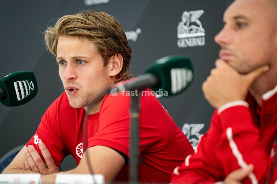 Belgian Zizou Bergs pictured during a press conference after a tennis match between Austrian Rodionov and Belgian Bergs, the fourth rubber in the tie between Austria and Belgium, qualifiers for the Davis Cup tournament, on Saturday 19 September 2026 in Vienna, Austria