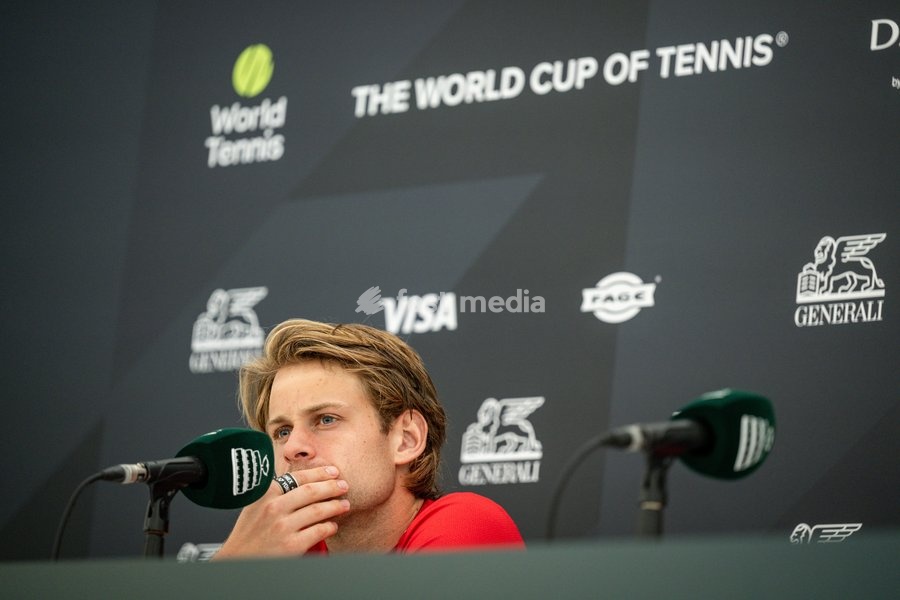 Belgian Zizou Bergs pictured during a press conference after a tennis match between Austrian Rodionov and Belgian Bergs, the fourth rubber in the tie between Austria and Belgium, qualifiers for the Davis Cup tournament, on Saturday 19 September 2026 in Vienna, Austria