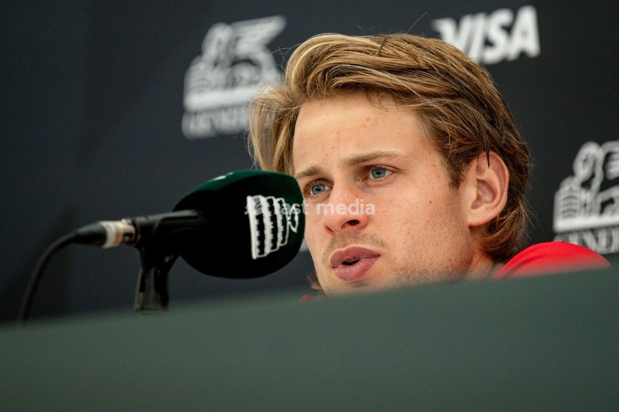 Belgian Zizou Bergs pictured during a press conference after a tennis match between Austrian Rodionov and Belgian Bergs, the fourth rubber in the tie between Austria and Belgium, qualifiers for the Davis Cup tournament, on Saturday 19 September 2026 in Vienna, Austria