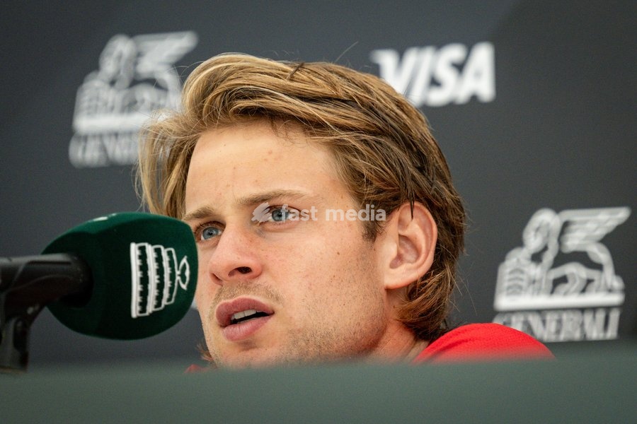 Belgian Zizou Bergs pictured during a press conference after a tennis match between Austrian Rodionov and Belgian Bergs, the fourth rubber in the tie between Austria and Belgium, qualifiers for the Davis Cup tournament, on Saturday 19 September 2026 in Vienna, Austria