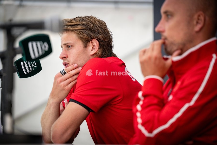 Belgian Zizou Bergs pictured during a press conference after a tennis match between Austrian Rodionov and Belgian Bergs, the fourth rubber in the tie between Austria and Belgium, qualifiers for the Davis Cup tournament, on Saturday 19 September 2026 in Vienna, Austria