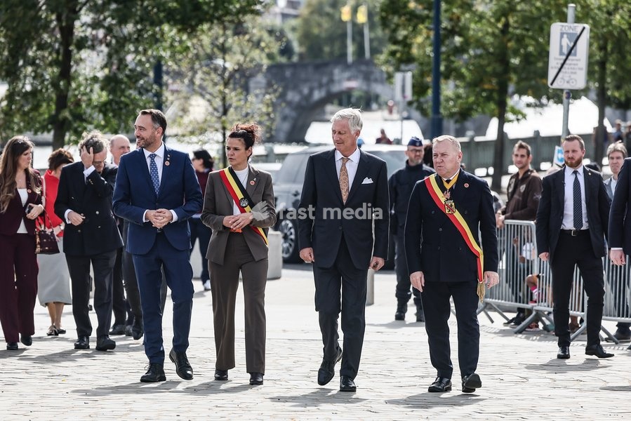 Vice-prime minister and Minister of Foreign Affairs Maxime Prevot; Namur Mayor Charlotte Bazelaire; King Philippe - Filip of Belgium and Namur province governor Denis Mathen are pictured during the 'Fêtes de Wallonie' (Wallonia feasts) celebrations, on Saturday 19 September 2026 in Namur