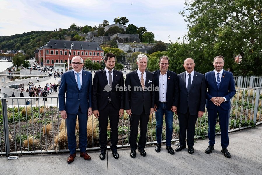 Flemish Minister-President Matthias Diependaele; Walloon Minister President Adrien Dolimont; King Philippe - Filip of Belgium; Vice-prime Minister and minister of Economy and Work David Clarinval; Walloon parliament chairman Willy Borsus and Vice-prime minister and Minister of Foreign Affairs…