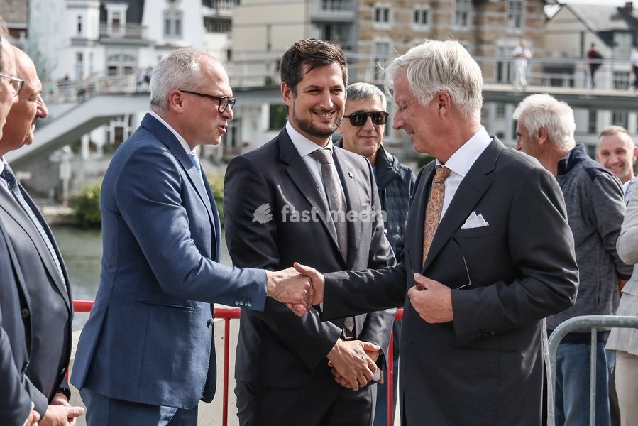 Flemish Minister-President Matthias Diependaele; Walloon Minister President Adrien Dolimont and King Philippe - Filip of Belgium pictured during the 'Fêtes de Wallonie' (Wallonia feasts) celebrations, on Saturday 19 September 2026 in Namur
