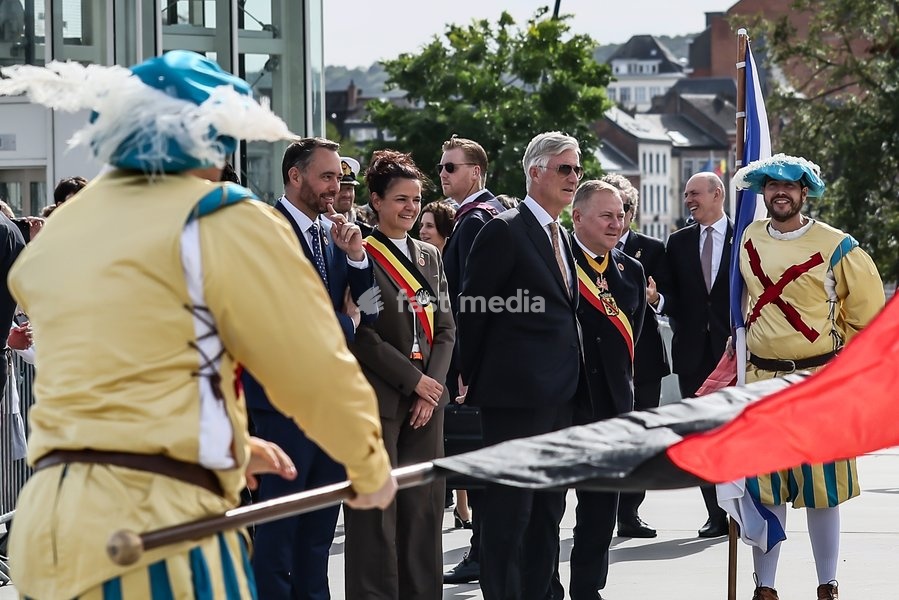 Vice-prime minister and Minister of Foreign Affairs Maxime Prevot; Namur Mayor Charlotte Bazelaire; King Philippe - Filip of Belgium and Namur province governor Denis Mathen pictured during the 'Fêtes de Wallonie' (Wallonia feasts) celebrations, on Saturday 19 September 2026 in Namur