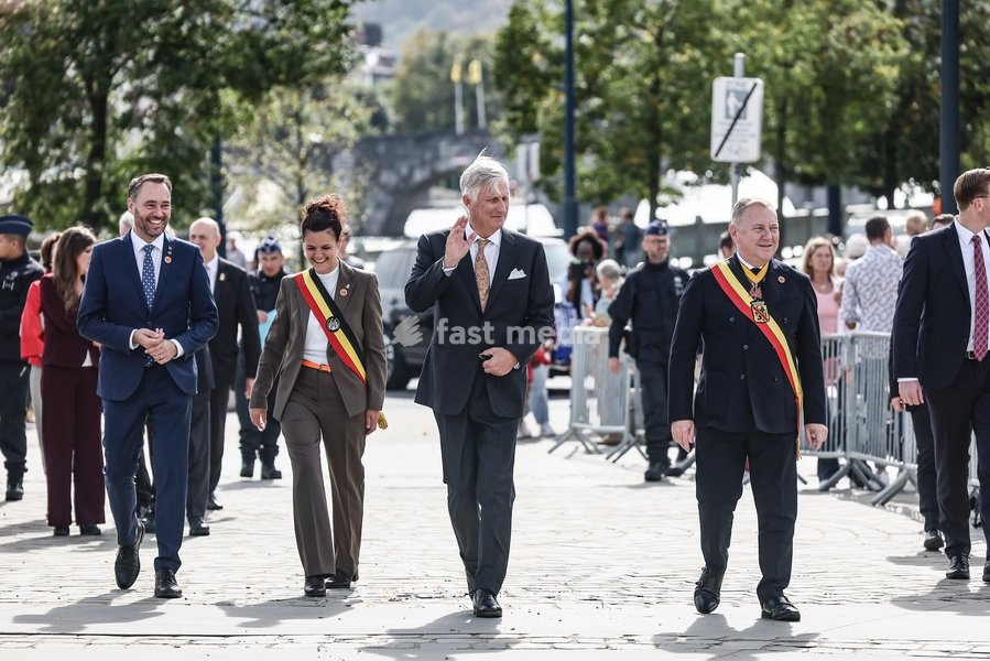 Vice-prime minister and Minister of Foreign Affairs Maxime Prevot; Namur Mayor Charlotte Bazelaire; King Philippe - Filip of Belgium and Namur province governor Denis Mathen pictured during the 'Fêtes de Wallonie' (Wallonia feasts) celebrations, on Saturday 19 September 2026 in Namur