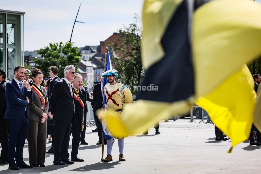 Vice-prime minister and Minister of Foreign Affairs Maxime Prevot; Namur Mayor Charlotte Bazelaire; King Philippe - Filip of Belgium and Namur province governor Denis Mathen pictured during the 'Fêtes de Wallonie' (Wallonia feasts) celebrations, on Saturday 19 September 2026 in Namur