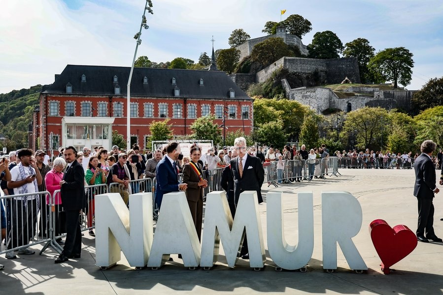 Vice-prime minister and Minister of Foreign Affairs Maxime Prevot; Namur Mayor Charlotte Bazelaire and King Philippe - Filip of Belgium pictured during the 'Fêtes de Wallonie' (Wallonia feasts) celebrations, on Saturday 19 September 2026 in Namur