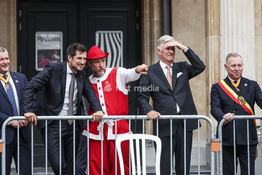 Walloon Minister President Adrien Dolimont; King Philippe - Filip of Belgium and Namur province governor Denis Mathen pictured during the 'Fêtes de Wallonie' (Wallonia feasts) celebrations, on Saturday 19 September 2026 in Namur