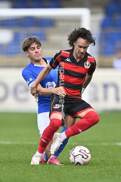 Jong Genk's Manu Mocsnik and Seraing's Wassim Bahri fight for the ball during a soccer match between Jong Genk (U21) and RFC Seraing, Saturday 19 September 2026 in Genk, on day 6 of the 2026-2027 'Challenger Pro League' 1B second division of the Belgian championship