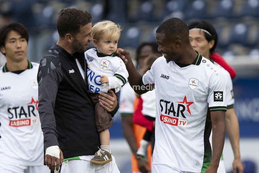 OHL's Siebe Schrijvers and OHL's William Balikwisha after a soccer match between Oud-Heverlee Leuven and RAAL La Louviere, Saturday 19 September 2026 in Leuven, on day 7 of the 2026-2027 'Jupiler Pro League' first division of the Belgian championship