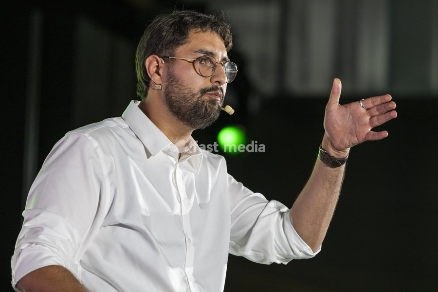 Groen chairman Aimen Horch delivers a speech at the Kick-Off event and start of the new political year of Flemish ecologist party Groen, on Saturday 19 September 2026 in Mechelen