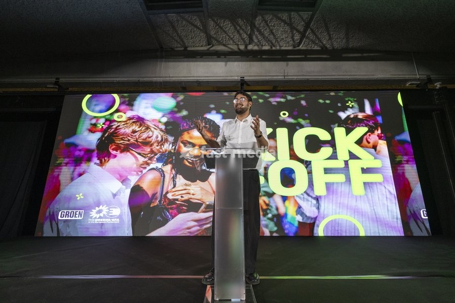 Groen chairman Aimen Horch delivers a speech at the Kick-Off event and start of the new political year of Flemish ecologist party Groen, on Saturday 19 September 2026 in Mechelen