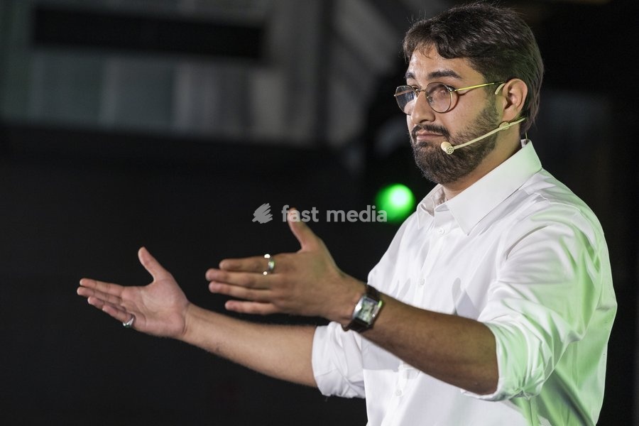Groen chairman Aimen Horch delivers a speech at the Kick-Off event and start of the new political year of Flemish ecologist party Groen, on Saturday 19 September 2026 in Mechelen