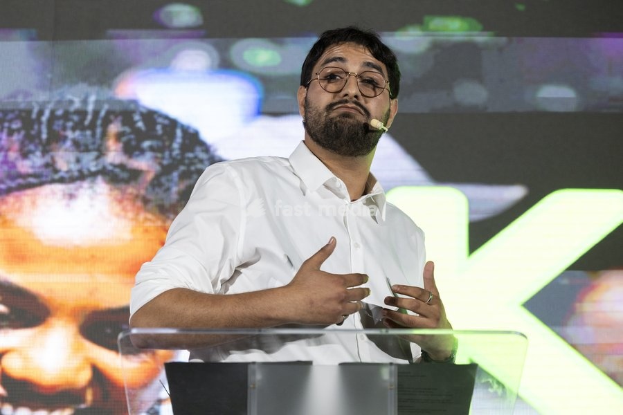 Groen chairman Aimen Horch delivers a speech at the Kick-Off event and start of the new political year of Flemish ecologist party Groen, on Saturday 19 September 2026 in Mechelen