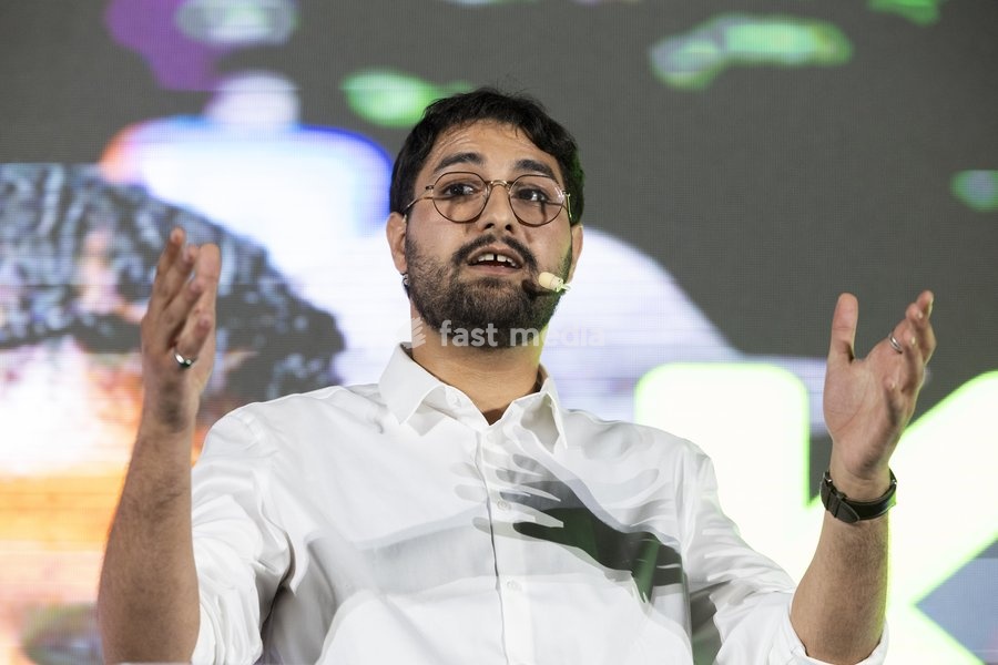 Groen chairman Aimen Horch delivers a speech at the Kick-Off event and start of the new political year of Flemish ecologist party Groen, on Saturday 19 September 2026 in Mechelen