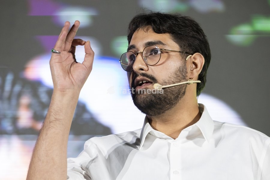 Groen chairman Aimen Horch delivers a speech at the Kick-Off event and start of the new political year of Flemish ecologist party Groen, on Saturday 19 September 2026 in Mechelen