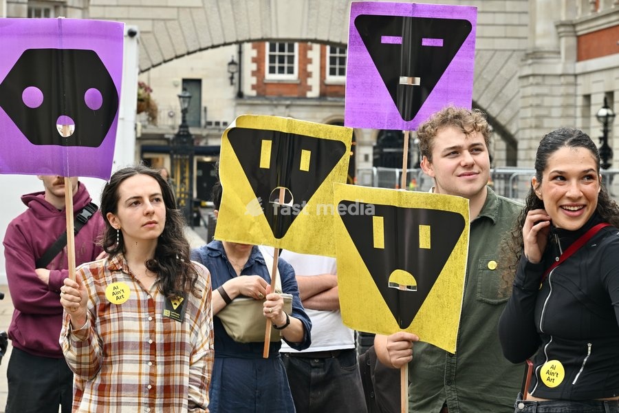 London, UK. Emergency AI Protest : Organized by activists targeting Big Tech and government policies. Outside the Dept for Business, Innovation, Science & Trade ( Old Admiralty Building)
