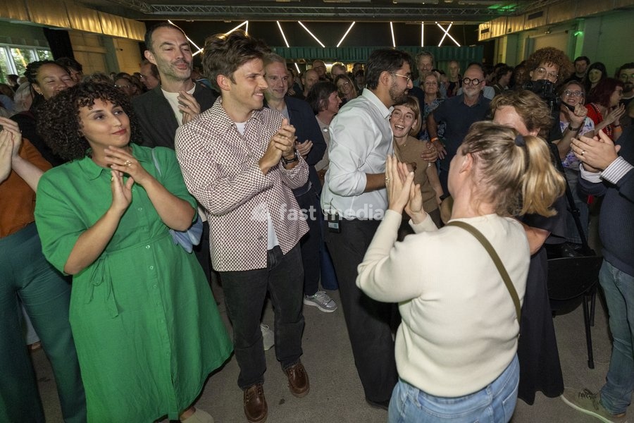 Groen chairman Aimen Horch(C) pictured during the Kick-Off event and start of the new political year of Flemish ecologist party Groen, on Saturday 19 September 2026 in Mechelen