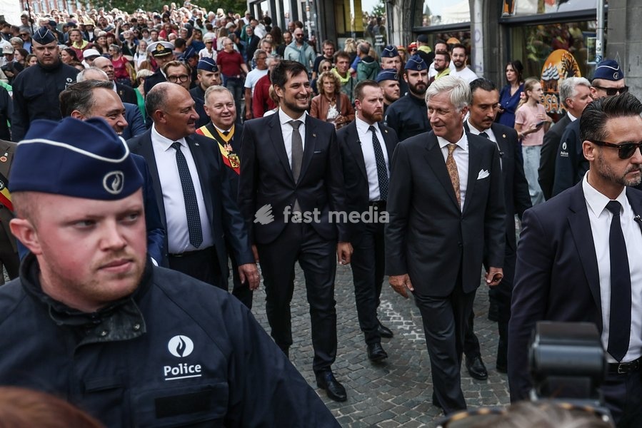 Walloon parliament chairman Willy Borsus; Walloon Minister President Adrien Dolimont and King Philippe - Filip of Belgium pictured during the 'Fêtes de Wallonie' (Wallonia feasts) celebrations, on Saturday 19 September 2026 in Namur