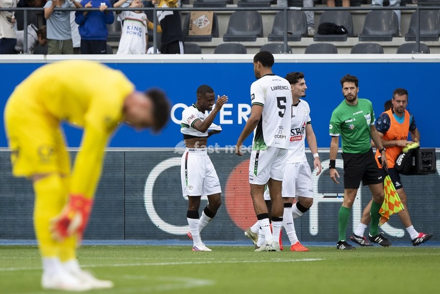 OHL's William Balikwisha celebrates with teammates after scoring during a soccer match between Oud-Heverlee Leuven and RAAL La Louviere, Saturday 19 September 2026 in Leuven, on day 7 of the 2026-2027 'Jupiler Pro League' first division of the Belgian championship