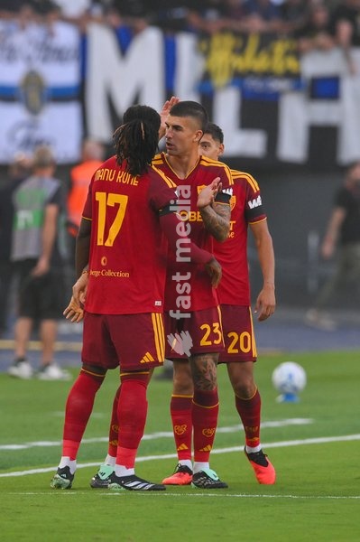 Manu Kone of Roma celebrates with Gianluca Mancini of Roma scoring a goal for 1-0 during the match of Serie A Enilive Football Match between Roma vs Inter at the Olimpico Stadium on 19 September 2026 in Rome, Lazio, Italy. Roma vs Inter 2-2