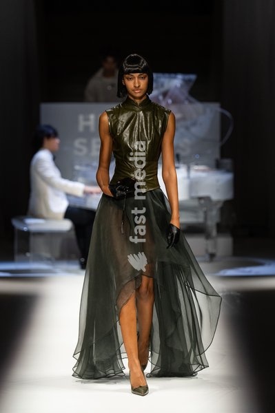 LONDON, ENGLAND - SEPTEMBER 19: A model walks the runway at the Hu Bing Selects: Urban Grace show during London Fashion Week 2026 on September 19, 2026 in London, England