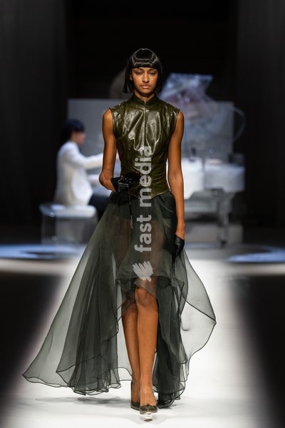 LONDON, ENGLAND - SEPTEMBER 19: A model walks the runway at the Hu Bing Selects: Urban Grace show during London Fashion Week 2026 on September 19, 2026 in London, England