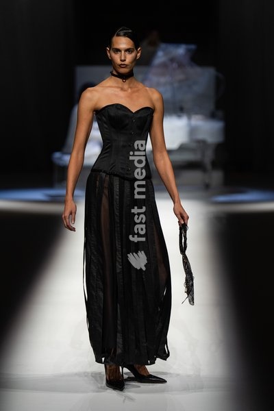 LONDON, ENGLAND - SEPTEMBER 19: A model walks the runway at the Hu Bing Selects: Urban Grace show during London Fashion Week 2026 on September 19, 2026 in London, England