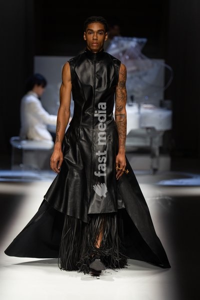 LONDON, ENGLAND - SEPTEMBER 19: A model walks the runway at the Hu Bing Selects: Urban Grace show during London Fashion Week 2026 on September 19, 2026 in London, England