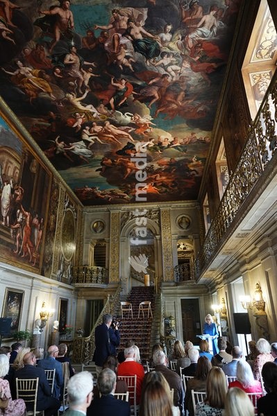 Queen Camilla giving a speech in the Painted Hall during The Queen's Reading Room Festival at Chatsworth House, Bakewell. Picture date: Saturday September 19, 2026