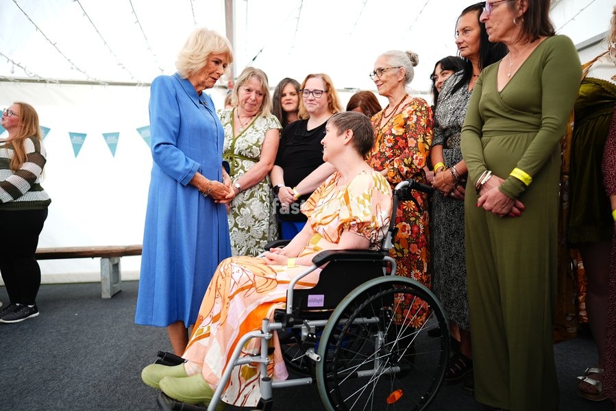 Queen Camilla meeting members of book clubs during The Queen's Reading Room Festival at Chatsworth House, Bakewell. Picture date: Saturday September 19, 2026