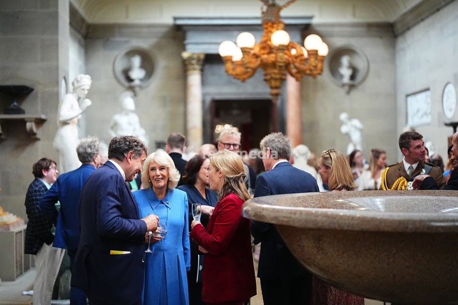 Queen Camilla speaking with guests during a reception as part of The Queen's Reading Room Festival at Chatsworth House, Bakewell. Picture date: Saturday September 19, 2026