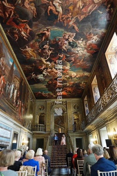 Author William Sieghart and actor Natascha McElhone giving a poetry reading in the Painted Hall during The Queen's Reading Room Festival at Chatsworth House, Bakewell. Picture date: Saturday September 19, 2026