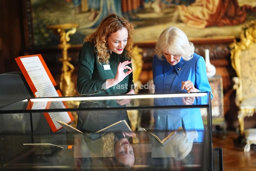 Queen Camilla views exhibits in the Chatsworth's House of Stories exhibition at Chatsworth House, Bakewell as she attends The Queen's Reading Room Festival. Picture date: Saturday September 19, 2026