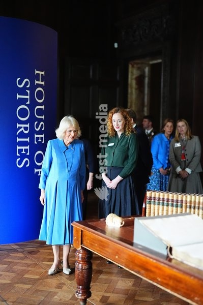 Queen Camilla views exhibits in the Chatsworth's House of Stories exhibition at Chatsworth House, Bakewell as she attends The Queen's Reading Room Festival. Picture date: Saturday September 19, 2026