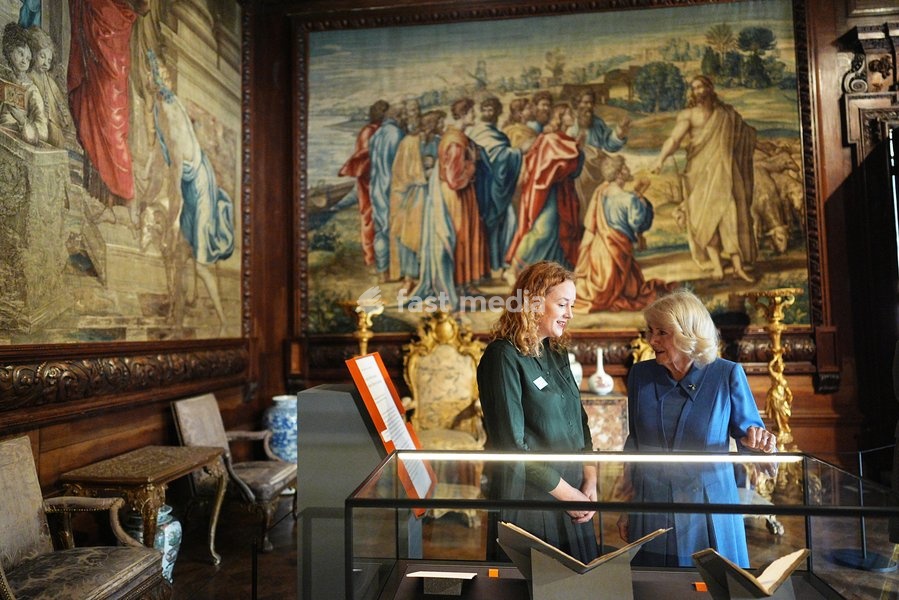 Queen Camilla views exhibits in the Chatsworth's House of Stories exhibition at Chatsworth House, Bakewell as she attends The Queen's Reading Room Festival. Picture date: Saturday September 19, 2026