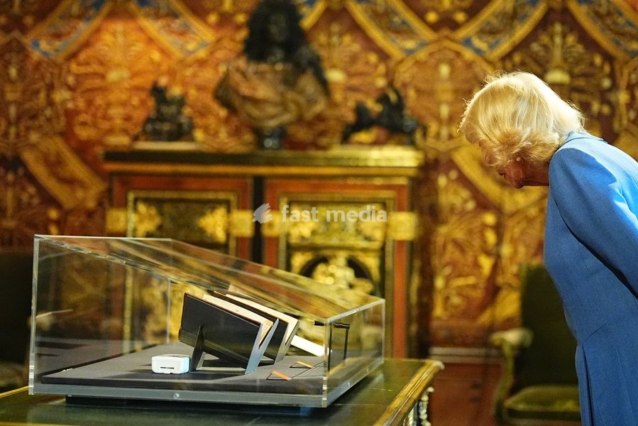 Queen Camilla views exhibits in the Chatsworth's House of Stories exhibition at Chatsworth House, Bakewell as she attends The Queen's Reading Room Festival. Picture date: Saturday September 19, 2026
