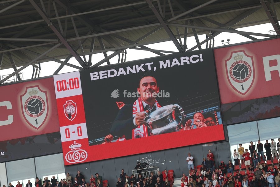 Outgoing director of football Marc Overmars is honored at the start of a soccer match between Royal Antwerp FC and Royale Union Saint-Gilloise, Sunday 20 September 2026 in Antwerp, on day 7 of the 2026-2027 'Jupiler Pro League' first division of the Belgian championship