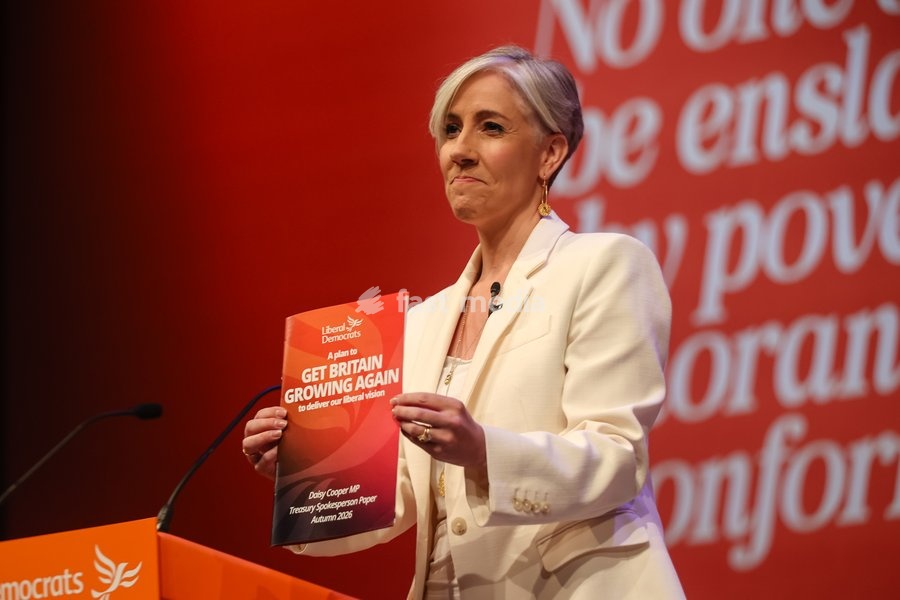 Liberal Democrat Treasury Spokesperson Daisy Cooper MP delivers her keynote speech at the Liberal Democrat Autumn Conference, Brighton, UK, on 20 September 2026. Cooper unveiled a 30-page plan titled Get Britain Growing Again, warning that economic growth is being held back by a computer says no…