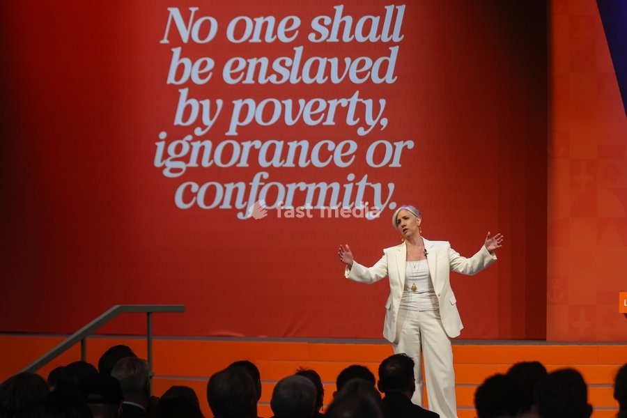 Liberal Democrat Treasury Spokesperson Daisy Cooper MP delivers her keynote speech at the Liberal Democrat Autumn Conference, Brighton, UK, on 20 September 2026. Cooper unveiled a 30-page plan titled Get Britain Growing Again, warning that economic growth is being held back by a computer says no…