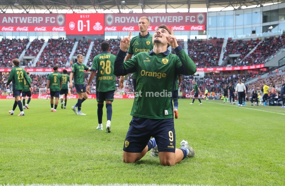 Union's Mateo Biondic celebrates after scoring during a soccer match between Royal Antwerp FC and Royale Union Saint-Gilloise, Sunday 20 September 2026 in Antwerp, on day 7 of the 2026-2027 'Jupiler Pro League' first division of the Belgian championship