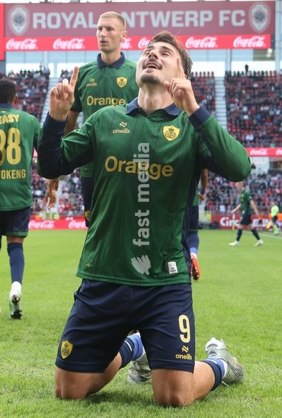 Union's Mateo Biondic celebrates after scoring during a soccer match between Royal Antwerp FC and Royale Union Saint-Gilloise, Sunday 20 September 2026 in Antwerp, on day 7 of the 2026-2027 'Jupiler Pro League' first division of the Belgian championship