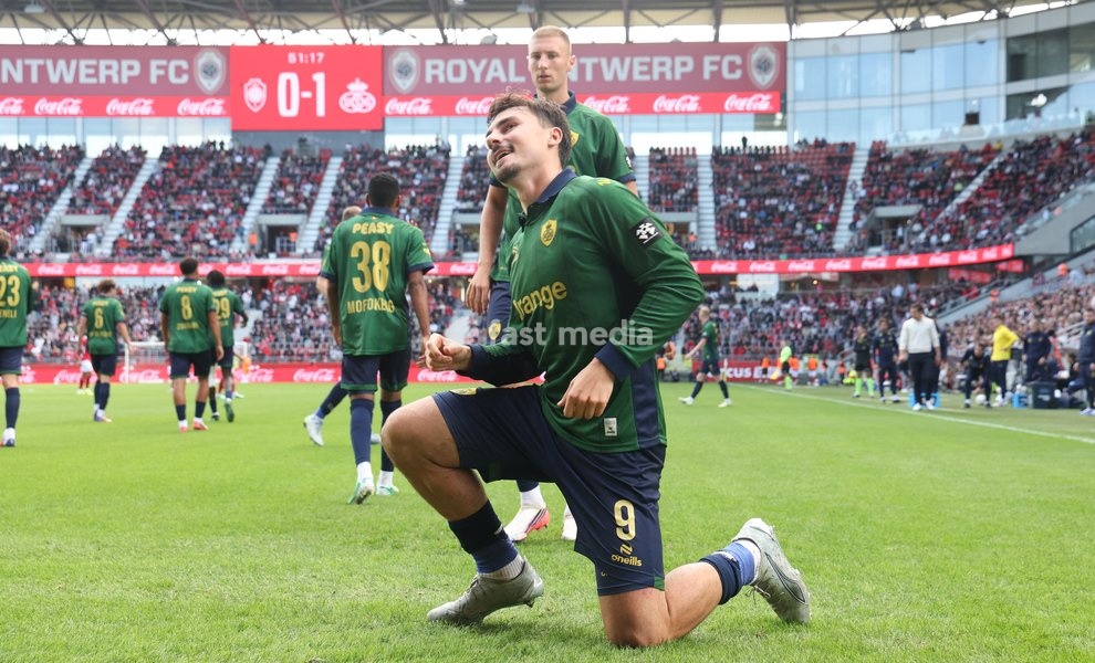 Union's Mateo Biondic celebrates after scoring during a soccer match between Royal Antwerp FC and Royale Union Saint-Gilloise, Sunday 20 September 2026 in Antwerp, on day 7 of the 2026-2027 'Jupiler Pro League' first division of the Belgian championship