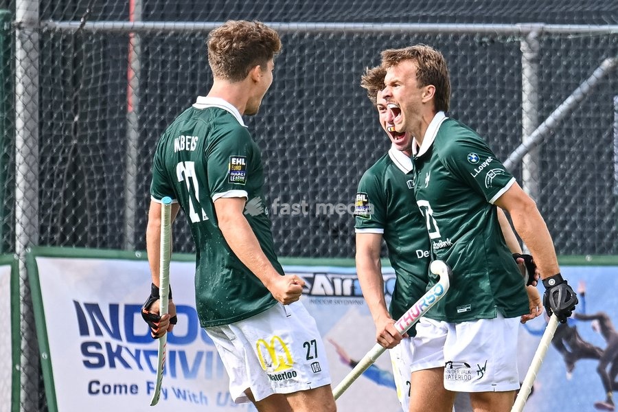 WatDuck's Diego Lucaccioni celebrate after scoring during a hockey game between Waterloo Ducks and Braxgata, Sunday 20 September 2026 in Waterloo, on day 1 of the Belgian first division hockey championship