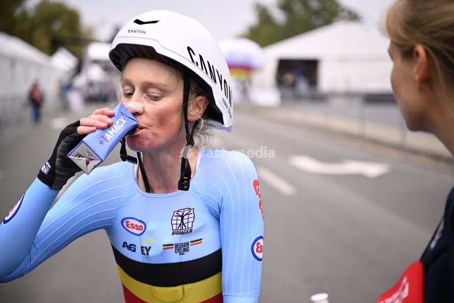 Belgian Lotte Claes pictured at the finish of the women's elite individual time trial race (39,2km) at the cycling UCI Road World Championship, in Montreal, Canada, Sunday 20 September 2026