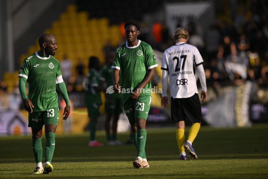 Virton's Alliou Dembele and Virton's Adama Diop are pictured after a soccer match between KSC Lokeren and Royal Excelsior Virton, Sunday 20 September 2026 in Lokeren, on day 6 of the 2026-2027 'Challenger Pro League' 1B second division of the Belgian championship
